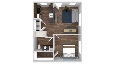 Floor plan for 1 bed, 1 bath, 598 sqft